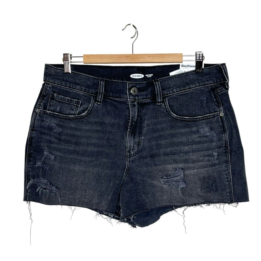 Old Navy Mid Rise Boyfriend Shorts Black Womens 12 Distressed Ripped